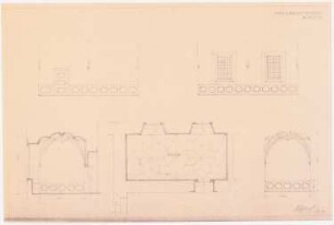 Gymnasium zum Grauen Kloster, Berlin Umbau: Grundriss Raum 8 1:50; Aufriss der vier Innenwände von Raum 8 1:50; Skizze vom Gewölbe; Maßangaben