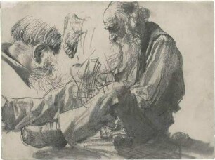 Auf dem Boden sitzender alter Mann, links weitere Studien
