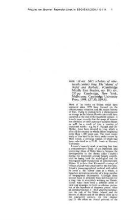 [Rezension von: Litvak, Meir, Shiʿi scholars of nineteenth-century Iraq]