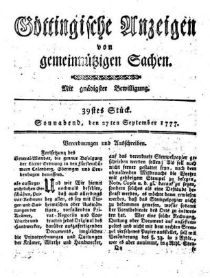 39stes Stück. Sonnabend, den 27ten September 1777.