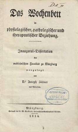Das Wochenbett in physiologischer, pathologischer und therapeutischer Beziehung
