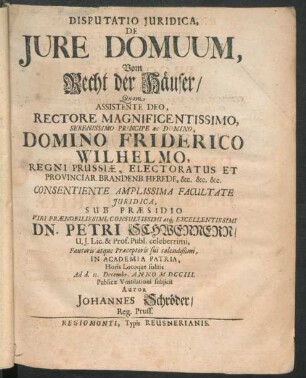 Disputatio Iuridica, De Iure Domuum, Vom Recht der Häuser