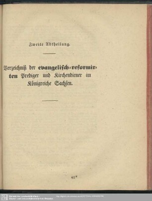 Zweite Abtheilung. Verzeichniß der evangelisch-reformirten Prediger und Kirchendiener im Königreiche Sachsen