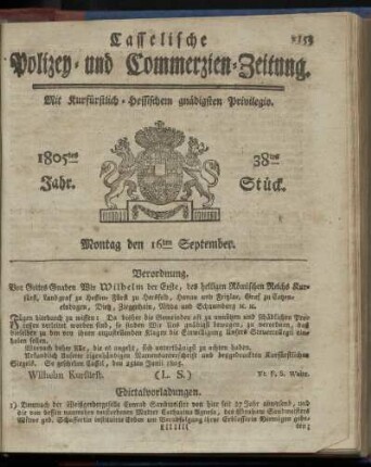 38tes Stueck, Montag den 16ten September 1805