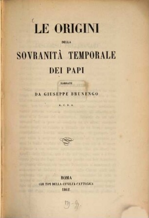 Le origini della sovranità temporale dei Papi narrate da Giuseppe Brunendo