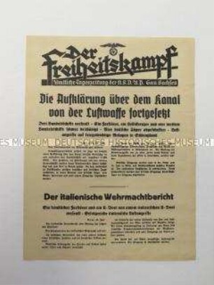 Nachrichtenblatt der sächsischen NSDAP-Zeitung "Der Freiheitskampf" über die deutsche Bombardierung englischer Handelsschiffe