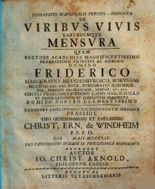 Dissertatio Inavgvralis Physico-Historica De Viribvs Vivis Earvndemqve Mensvra