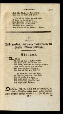 40. Leichenpredigt, auf einen Verstorbnen, der hülflose Waisen hinterließ.