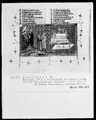 Weltchronik des Rudolf von Ems — Gott spricht zu Moses, Bundeslade und Opfertisch, Folio 62verso
