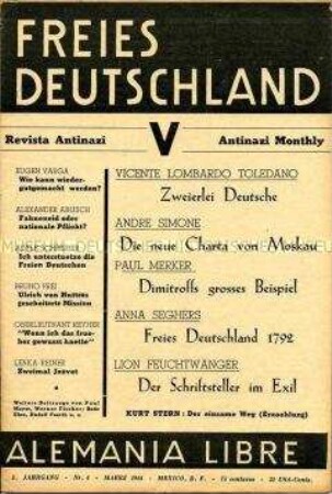Exilzeitschrift der Bewegung "Freies Deutschland" (Mexico) u.a. über Schriftsteller im Exil
