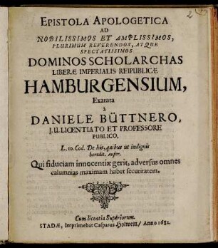 Epistola Apologetica, Ad Nobilissimos Et Amplissimos, Plurimum Reverendos, Atque Spectatissimos Dominos Scholarchas Liberae Imperialis Reipublicae Hamburgensium
