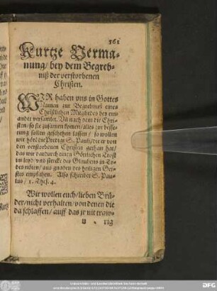 Kurtze Vermanung/ bey dem Begrebniß der verstorbenen Christen.