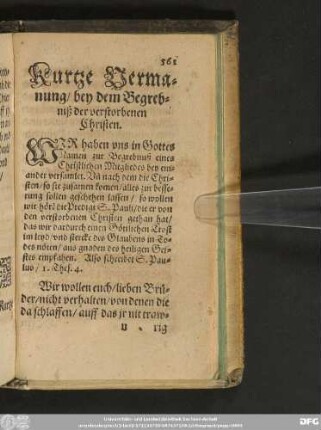 Kurtze Vermanung/ bey dem Begrebniß der verstorbenen Christen.