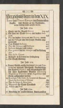 Verzeichnüß derer in dem XIX. Tomo des Theatri Europaei vorkommenden Kupffer ...