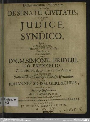 2: Dissertationum politicarum ... de senatu civitatis