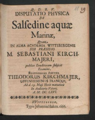 Disputatio Physica De Salsedine aquae Marinae