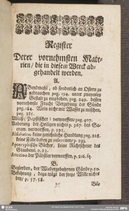 Register Derer vornehmsten Materien, die in diesem Werck abgehandelt werden