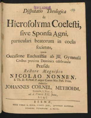 Disputatio Theologica de Hierosolyma Coelesti, sive Sponsa Agni, particulari beatorum in coelis societate