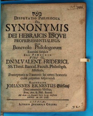 Disp. philol. de synonymis Dei Hebraicis, iisque propriis essentialibus