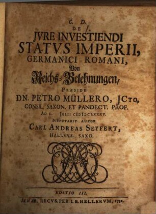 De Jvre Investiendi Statvs Imperii, Germanici Romani : = Von Reichs-Belehnungen
