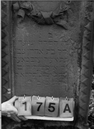 Grabstein 175 (Index: 100093684) Zustand: verwittert Maße HxBxT: 163x63x28 cm Symbolik: Kranz mit Band: Grabstein 175A