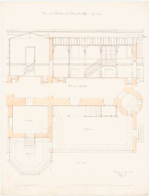 Schloss Queitsch Umbau und Ausbau: Glashaus an der Südseite in Grundriss und Längsschnitt, Maßstabsleiste