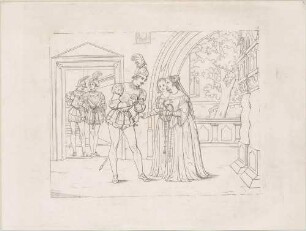 Zu Shakespeares "Othello", Blatt 6, 3. Akt, 3. Szene: Cassio mit Desdemona und Emilia, im Hintergrund links Othello und Jago