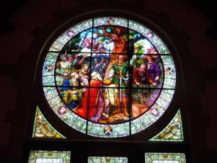 Quedlinburg - Glasbild im Rathaussaal : Ein farbiges Glasbild im Rathaussitzungsaal stellt Szenen aus der Stadtgeschichte dar. Aufgenommen in Quedlinburg am 9. September 2012. Foto Uwe Gerig