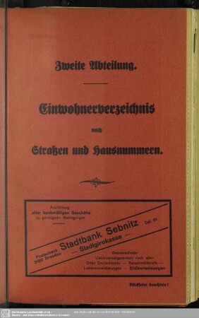 Zweite Abteilung. Häuserbuch : Zweite Abteilung. Einwohnerverzeichnis nach Straßen und Hausnummern