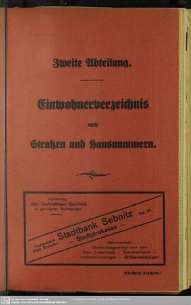 Zweite Abteilung. Häuserbuch : Zweite Abteilung. Einwohnerverzeichnis nach Straßen und Hausnummern