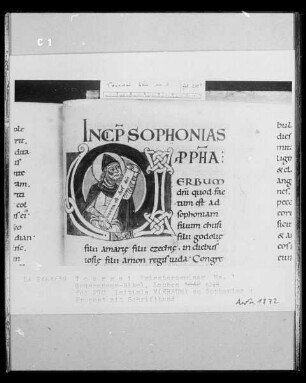 Ms. 1, Goderannus-Bibel, fol. 270, Initiale V, Prophet mit Schriftband