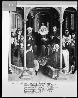 Die Flügel des Wurzacher Altars — Vier Szenen des Marienlebens, durch übergreifende Architektur zusammengefaßt — Die Herabkunft des Heiligen Geistes an Pfingsten