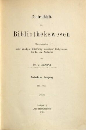 Zentralblatt für Bibliothekswesen. 13. 1896