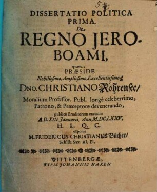 Dissertatio Politica Prima. De Regno Jeroboami