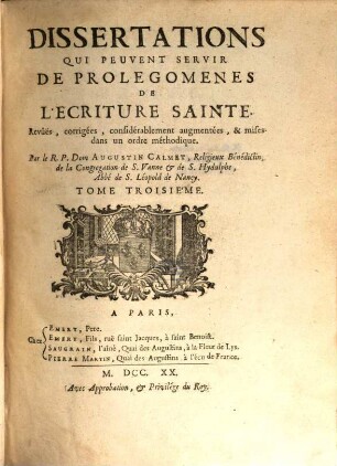 Dissertations Qui Peuvent Servir De Prolégomenes De L'Écriture Sainte, 3