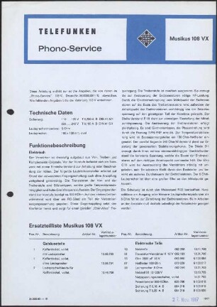 Bedienungsanleitung: Telefunken Phono-Service Musikus 108 VX