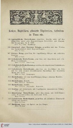 Krüge, Majoliken, glasirte Töpfereien, Arbeiten in Thon etc (Nr. 505 - 555)