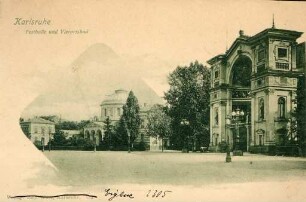 Postkartenalbum. "Karlsruhe-Festhalle und Vierordtbad". Festhalle und Vierordtbad