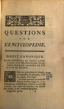 Quéstions Sur L'Encyclopédie : Distribuées En Forme De Dictionnaire. 5, [Droit Canonique - Extrême]