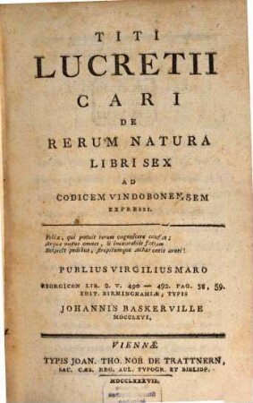 Titi Lucretii Cari De Rerum Natura Libri Sex : Ad Codicem Vindobonensem Expressi