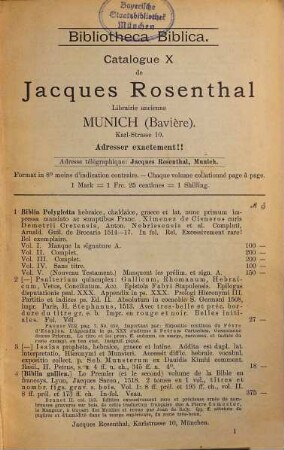 Catalogus librorum catholicum et literarum et rerum studia, Pars prima. Bibliotheca Biblica : editiones Bibliorum et eorum commentarii