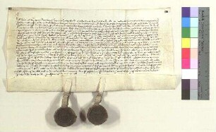 Heinrich Visler zu Anzenberg und seine Ehefrau verkaufen ihrem Vetter Urban dem Tumberger, Kastner zu Mühldorf, zwei Höfe zu Oberengersdorf (Obernengelwolczdorff) in der Pfarrei Taufkirchen (Schönhof, Gassenhof). S1: Heinrich Visler, S2: Hans der Visler, St. Michelsberg