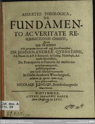 Assertio theologica de fundamento ac veritate resurrectionis Christi