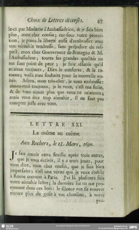 Lettre XXI. La même au même. Aux Rochers, le 18. Mars, 1690