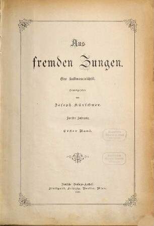 Aus fremden Zungen : Zeitschr. für d. moderne Erzählungslitteratur d. Auslandes, 2,1. 1892