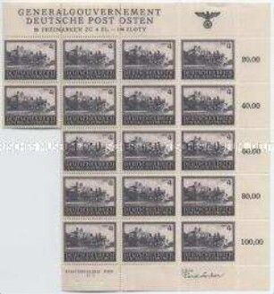 Unvollständiger Bogen mit 17 Briefmarken zu 4 Zloty aus dem Generalgouvernement