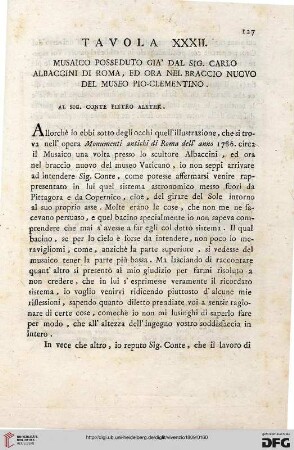 Tavola XXXII: Musaico posseduto gia’ dal Sig. Carlo Albaccini di Roma, ed ora nel Braccio Nuovo del Museo Pio-Clementino