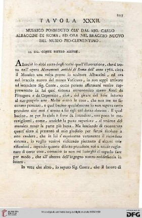 Tavola XXXII: Musaico posseduto gia’ dal Sig. Carlo Albaccini di Roma, ed ora nel Braccio Nuovo del Museo Pio-Clementino