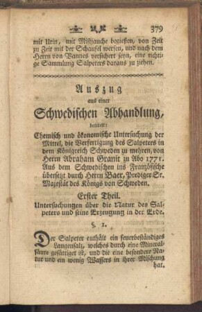 Auszug aus einer Schwedischen Abhandlung