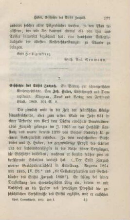 177-178 [Rezension] Huber, Johann, Geschichte des Stifts Zurzach